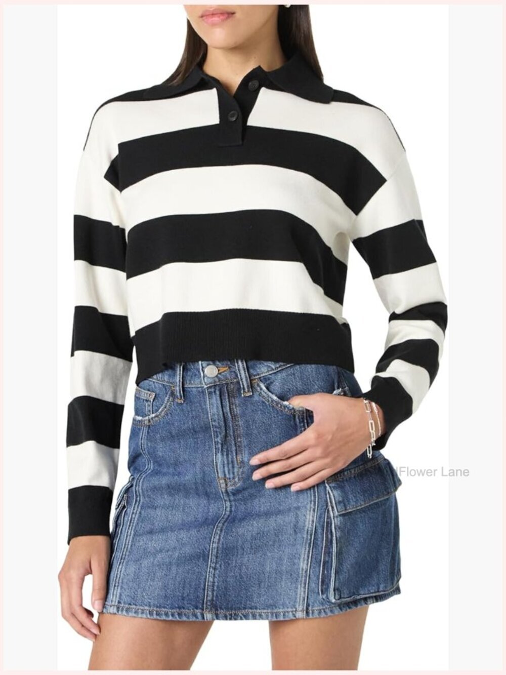 Striped Long Sleeve Splitneck Polo Sweater, Loose Fit, Rayon Blend, Casual